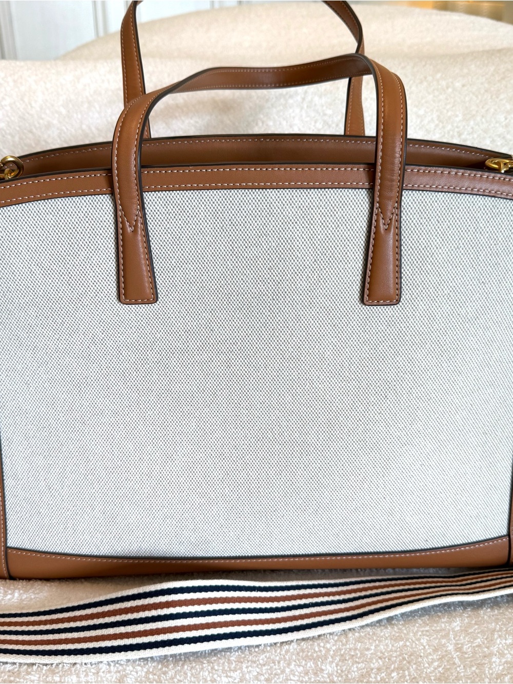 Tory Burch Full Sized Walker Canvas Satchel. Leather Trim & Extra Strap - Picture 10 of 15